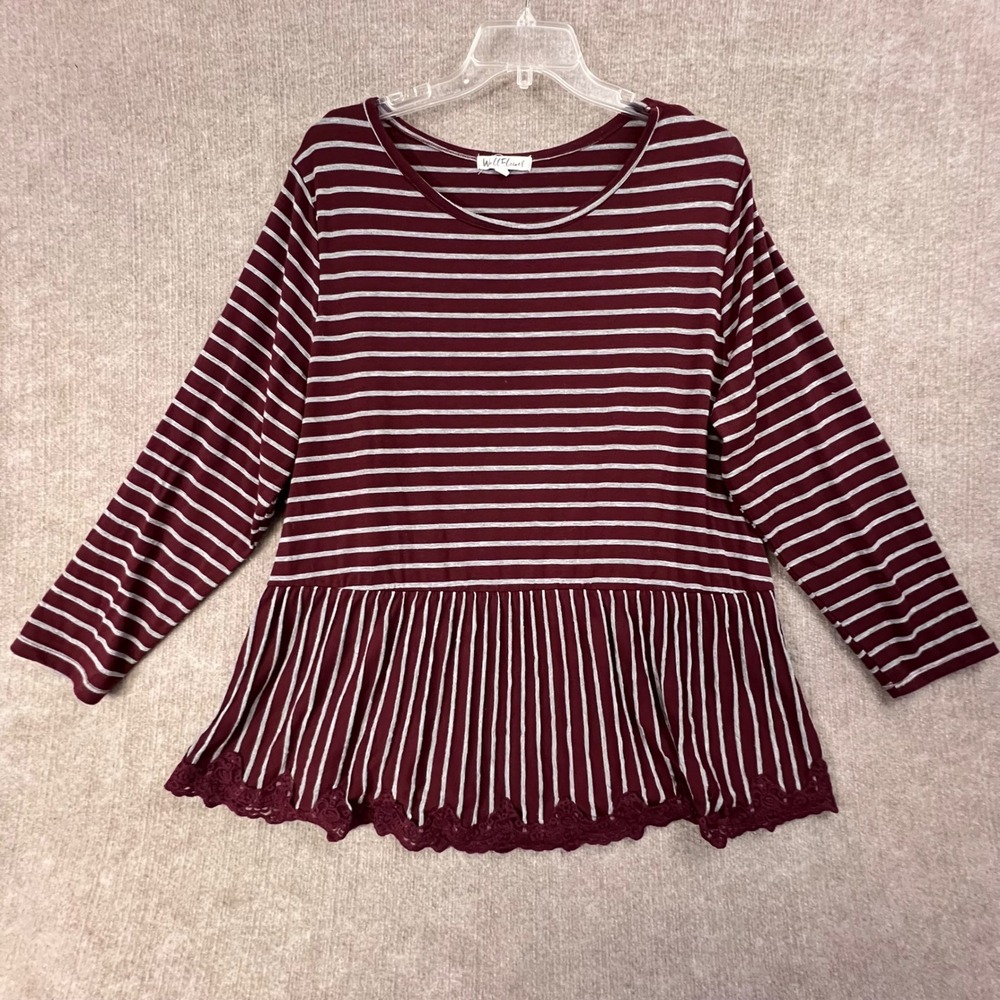 Wallflower 3X Peplum Top Plus Size Burgundy Stripe‎ Long Sleeve Lace Trim